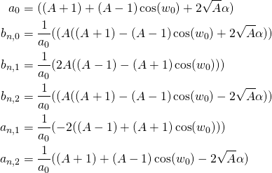 \begin{equation*} \begin{align} a_0&=((A+1)+(A-1) \cos(w_0)+2 \sqrt{A} \alpha) \\ b_{n,0}&=\frac{1}{a_0}((A ((A+1)-(A-1) \cos(w_0)+2 \sqrt{A} \alpha)) \\ b_{n,1}&=\frac{1}{a_0}(2 A ((A-1)-(A+1) \cos(w_0)))\\ b_{n,2}&=\frac{1}{a_0}((A ((A+1)-(A-1) \cos(w_0)-2 \sqrt{A} \alpha)) \\ a_{n,1}&=\frac{1}{a_0} (-2 ((A-1)+(A+1) \cos(w_0)))\\ a_{n,2}&=\frac{1}{a_0} ((A+1)+(A-1) \cos(w_0)-2 \sqrt{A} \alpha) \\ \end{align} \end{equation*}