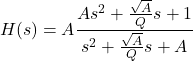 \begin{equation*} H(s)=A \frac{A s^2+\frac{\sqrt{A}}{Q}s+1}{s^2+\frac{\sqrt{A}}{Q}s+A} \end{equation*}